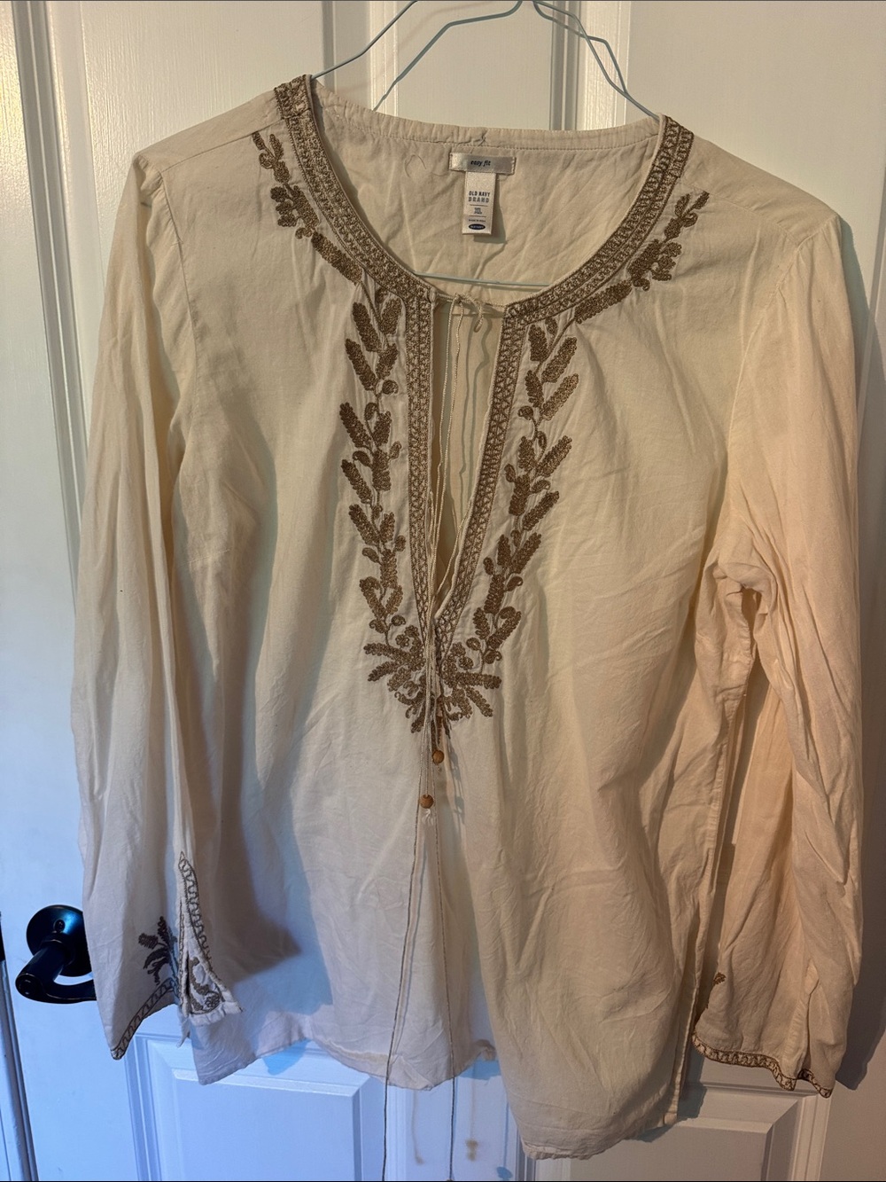 Old Navy Cream Peasant Blouse with Brown Embroidery